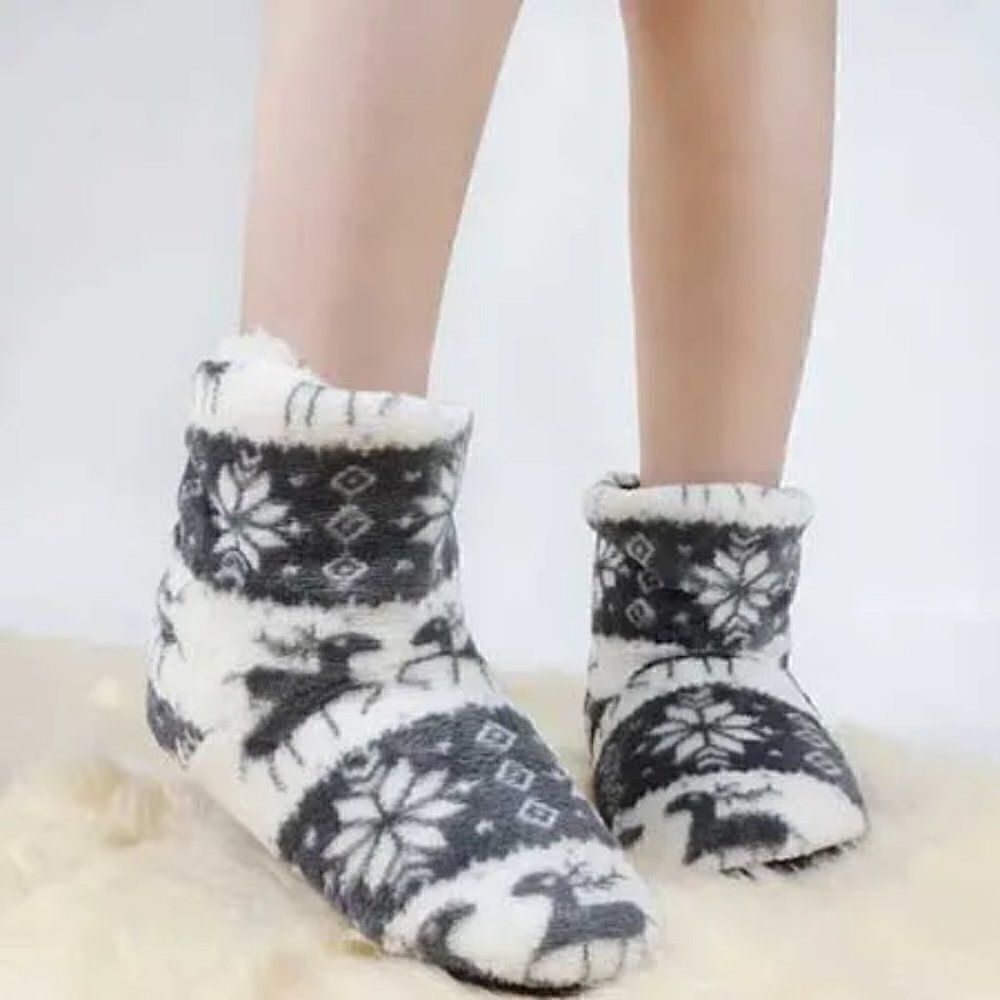 Grey Warm Winter Reindeer Ladies Slippers